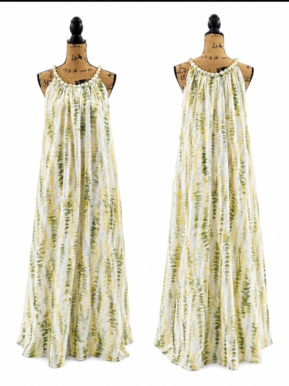 Patrizia Luca Yellow and Green Beaded-Halter Maxi Dress